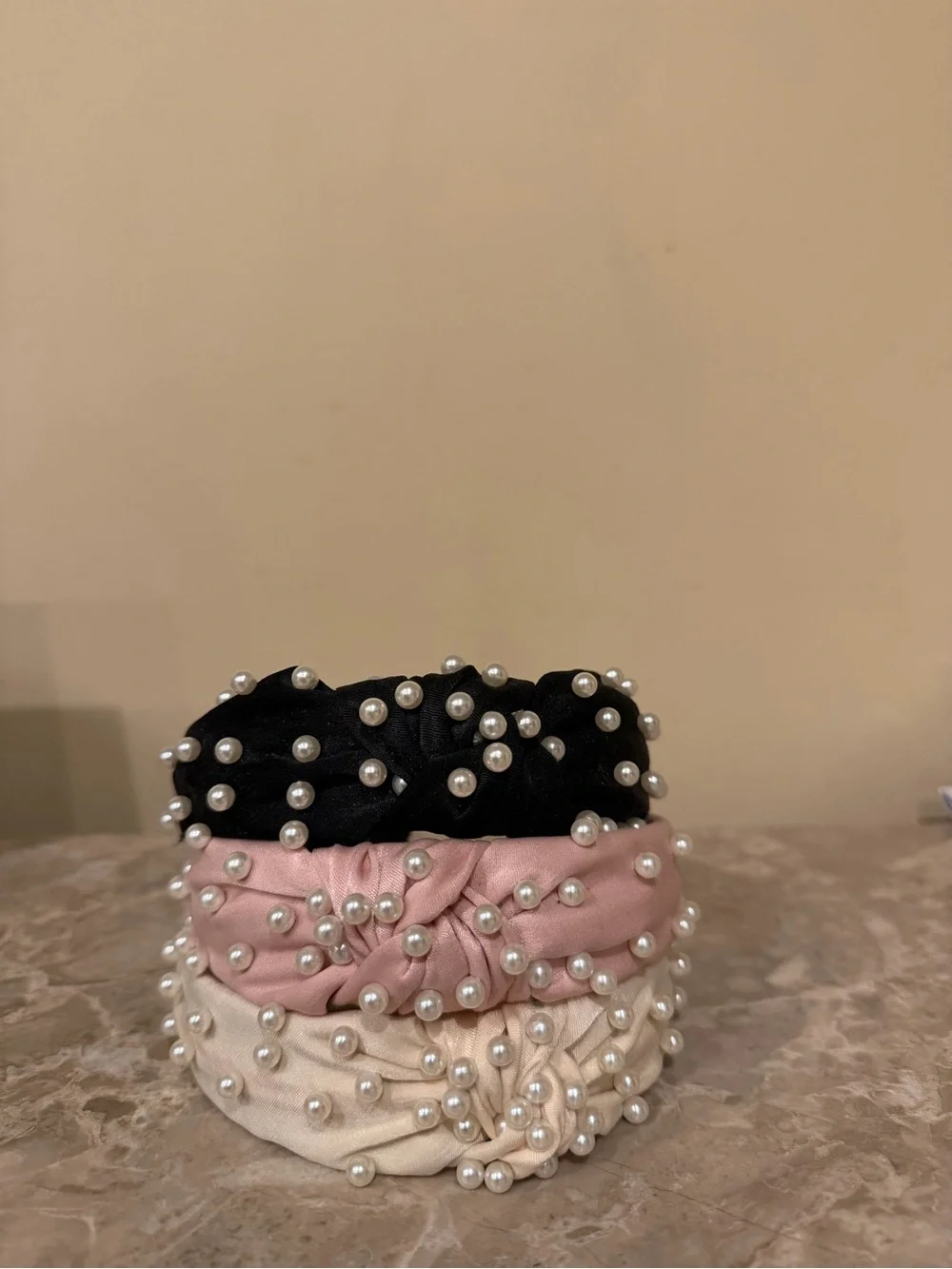Pearl-Embellished Knot Headband - Black, Pink, Cream